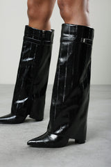 Frelia Black Pointed Toe Foldover Knee High Block Heel Boots