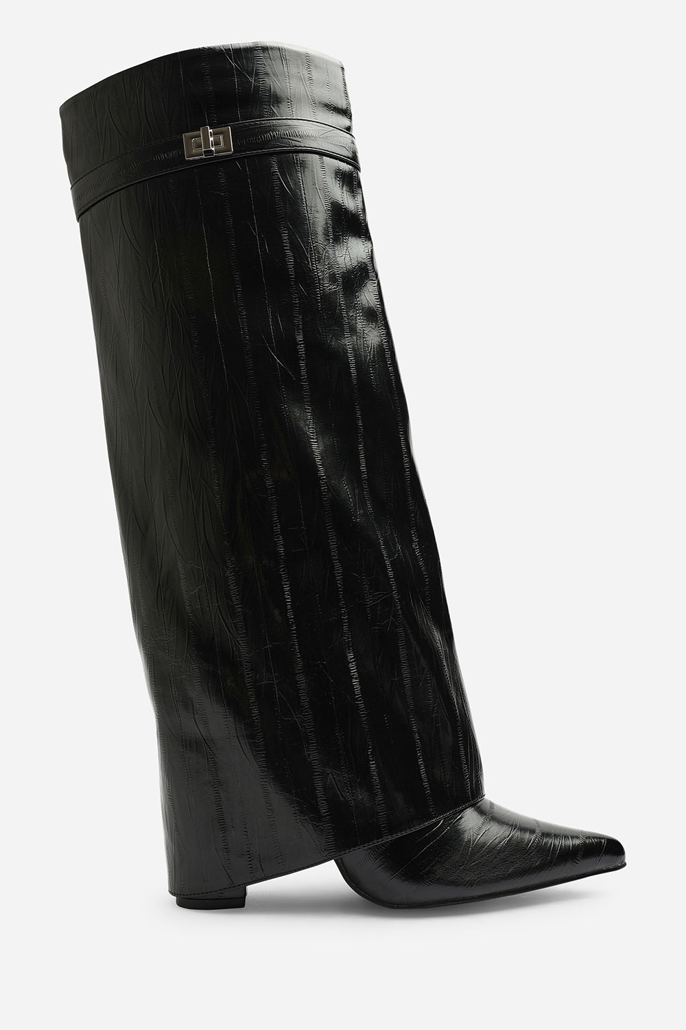 Keira Fold Over Shark Block Heel Pointed Toe Boots