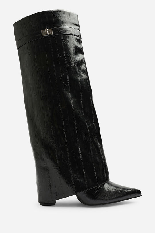 Keira Fold Over Shark Block Heel Pointed Toe Boots