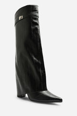 Frelia Black Pointed Toe Foldover Knee High Block Heel Boots