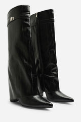 Keira Fold Over Shark Block Heel Pointed Toe Boots