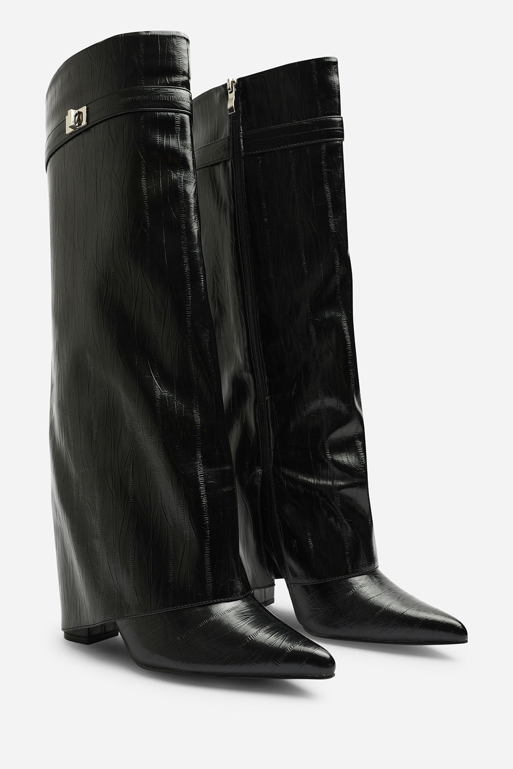 Frelia Black Pointed Toe Foldover Knee High Block Heel Boots