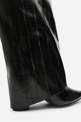 Frelia Black Pointed Toe Foldover Knee High Block Heel Boots