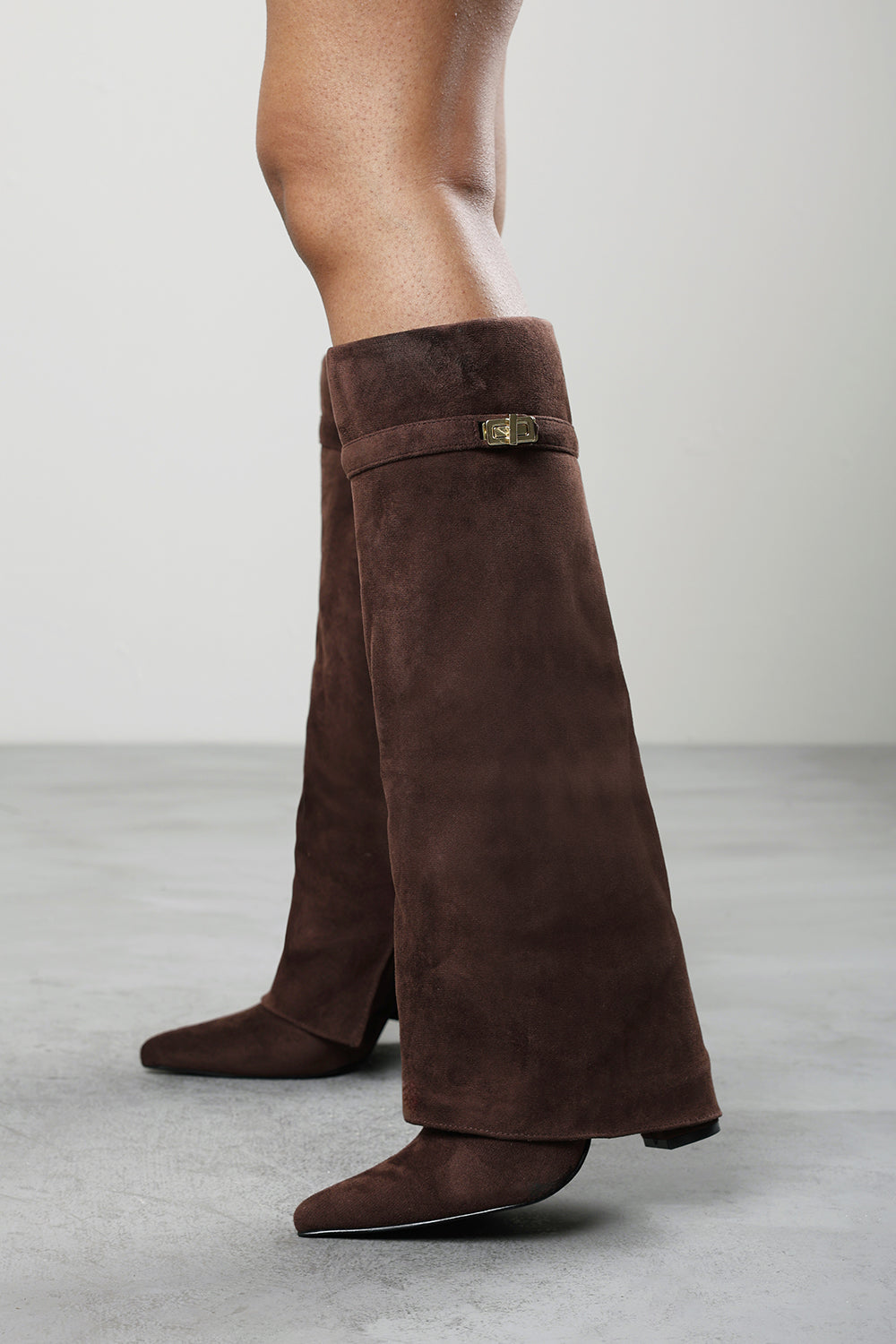Frelia Brown Suede Pointed Toe Foldover Knee High Block Heel Boots