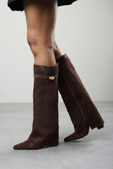 Frelia Brown Suede Pointed Toe Foldover Knee High Block Heel Boots