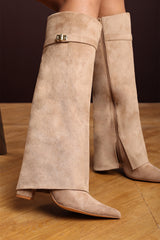 Keira Fold Over Shark Block Heel Point Toe Boots in Camel Suede
