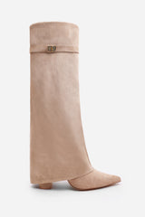 Keira Fold Over Shark Block Heel Point Toe Boots in Camel Suede