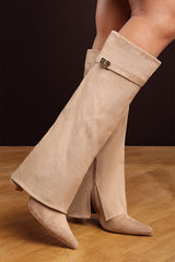 Keira Fold Over Shark Block Heel Point Toe Boots in Camel Suede