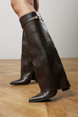 Frelia Brown Pointed Toe Foldover Knee High Block Heel Boots