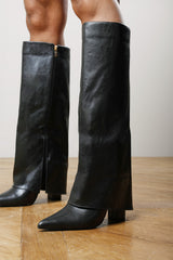 Makenzie Fold Down Knee High Heeled Shark Boots in Black
