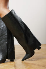 Makenzie Fold Down Knee High Heeled Shark Boots in Black