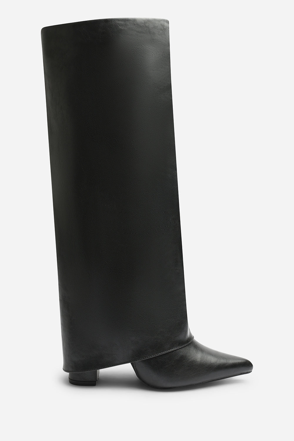 Makenzie Fold Down Knee High Heeled Shark Boots in Black