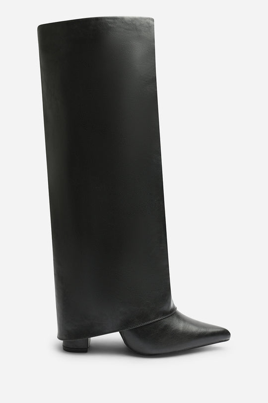 Makenzie Fold Down Knee High Heeled Shark Boots in Black