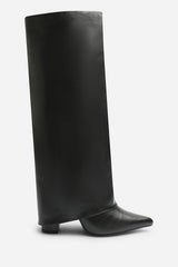 Makenzie Fold Down Knee High Heeled Shark Boots in Black