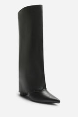 Makenzie Fold Down Knee High Heeled Shark Boots in Black