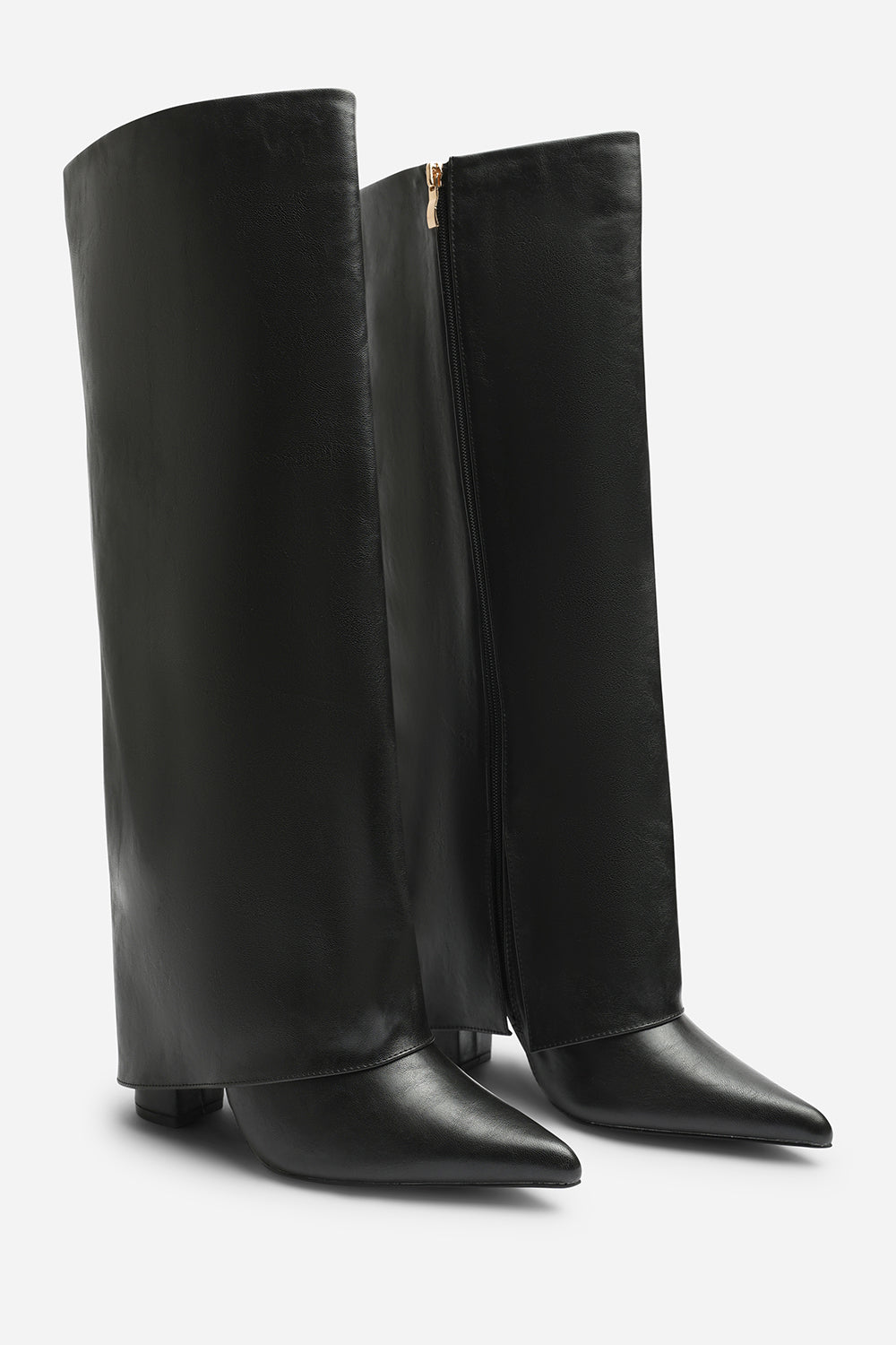 Makenzie Fold Down Knee High Heeled Shark Boots in Black