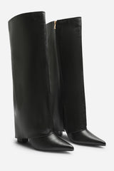 Makenzie Fold Down Knee High Heeled Shark Boots in Black