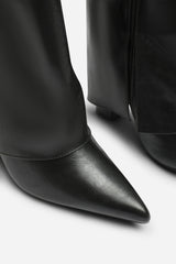 Makenzie Fold Down Knee High Heeled Shark Boots in Black