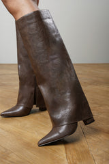 Makenzie Fold Down Knee High Heeled Shark Boots In Brown