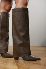Makenzie Fold Down Knee High Heeled Shark Boots In Brown
