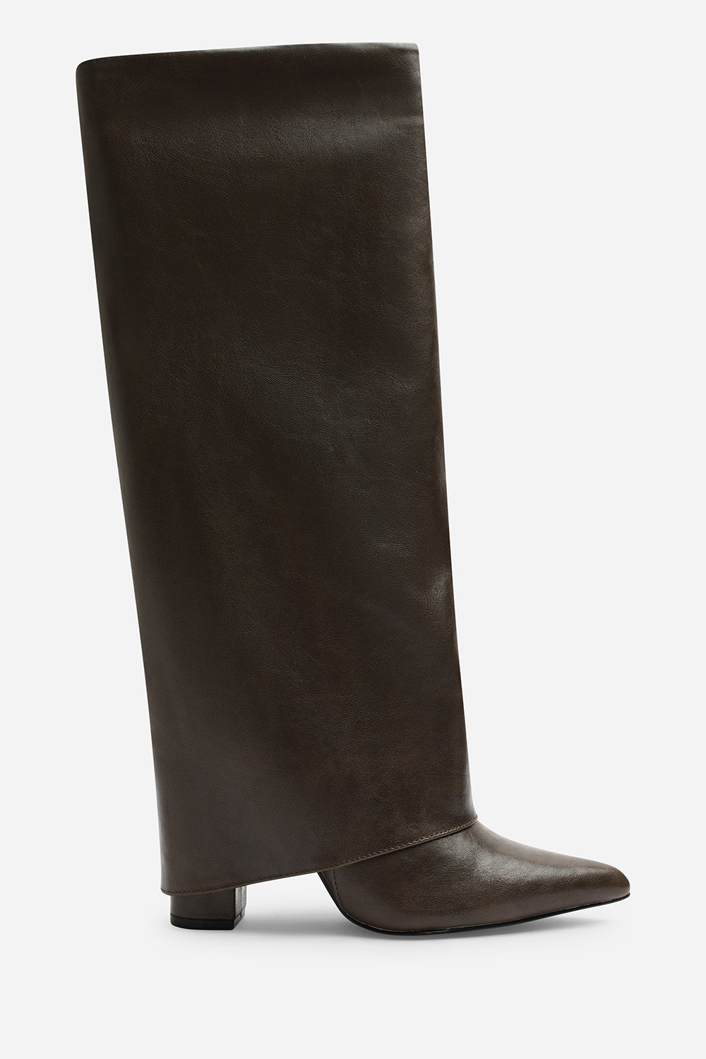 Makenzie Fold Down Knee High Heeled Shark Boots In Brown