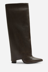 Makenzie Fold Down Knee High Heeled Shark Boots In Brown