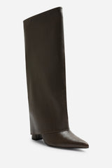 Makenzie Fold Down Knee High Heeled Shark Boots In Brown