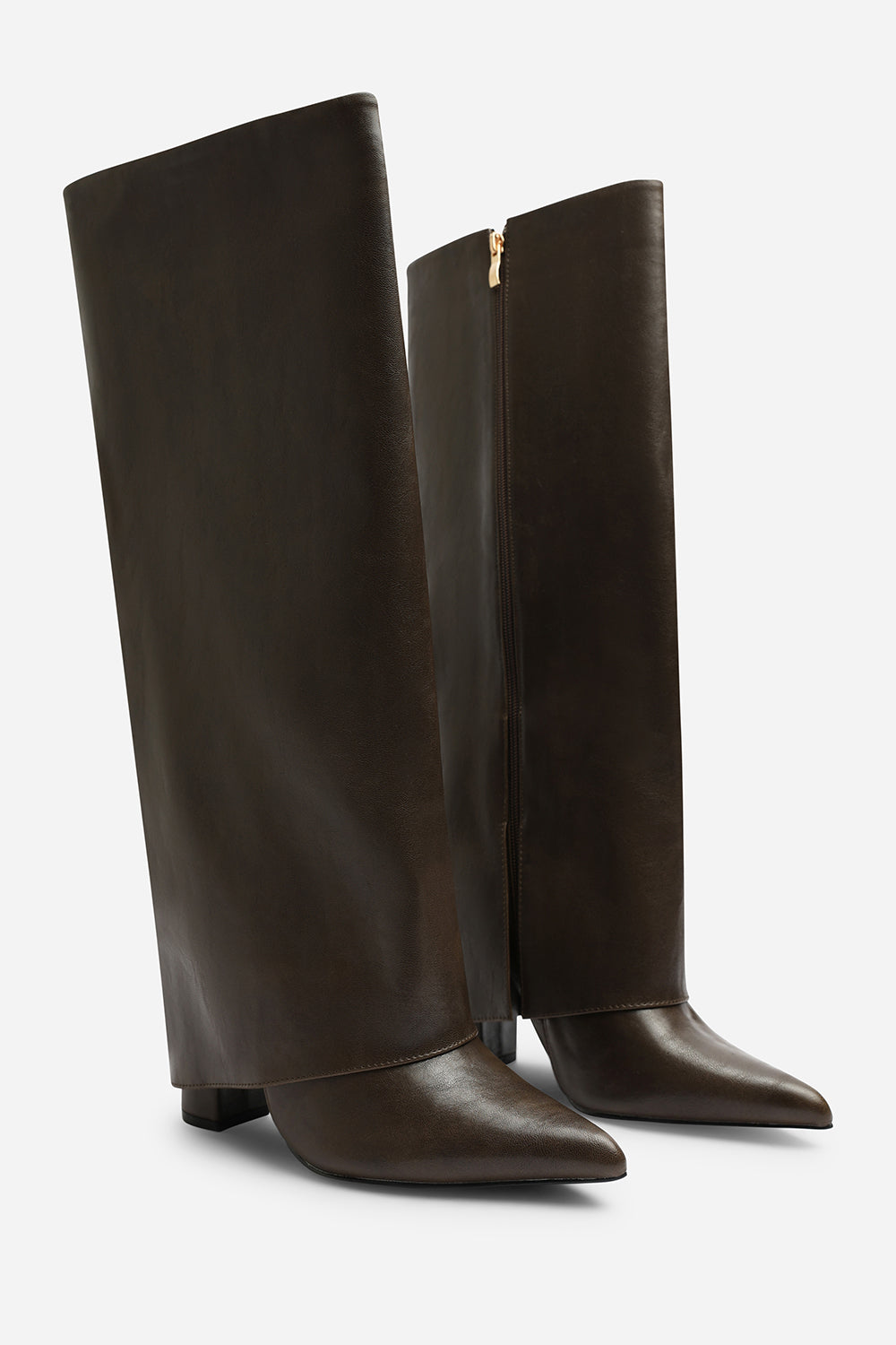 Makenzie Fold Down Knee High Heeled Shark Boots In Brown