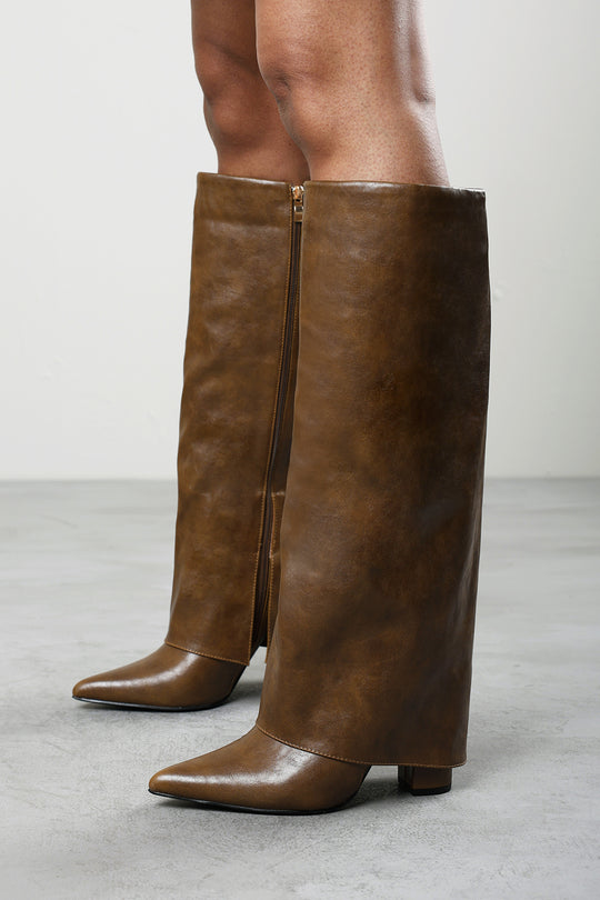 Makenzie Fold Down Knee High Heeled Shark Boots in Tan