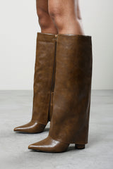 Makenzie Fold Down Knee High Heeled Shark Boots in Tan