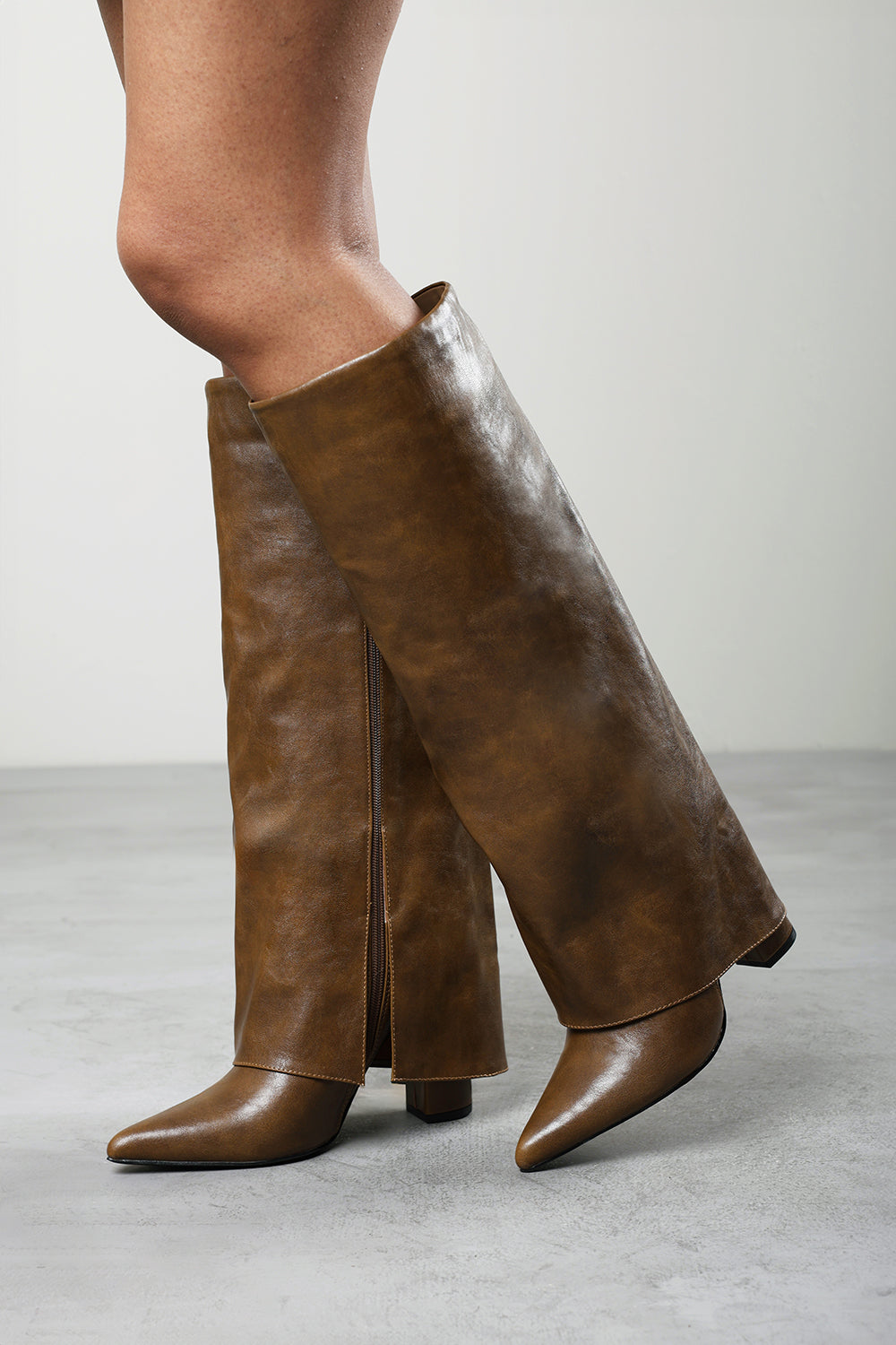 Makenzie Fold Down Knee High Heeled Shark Boots in Tan