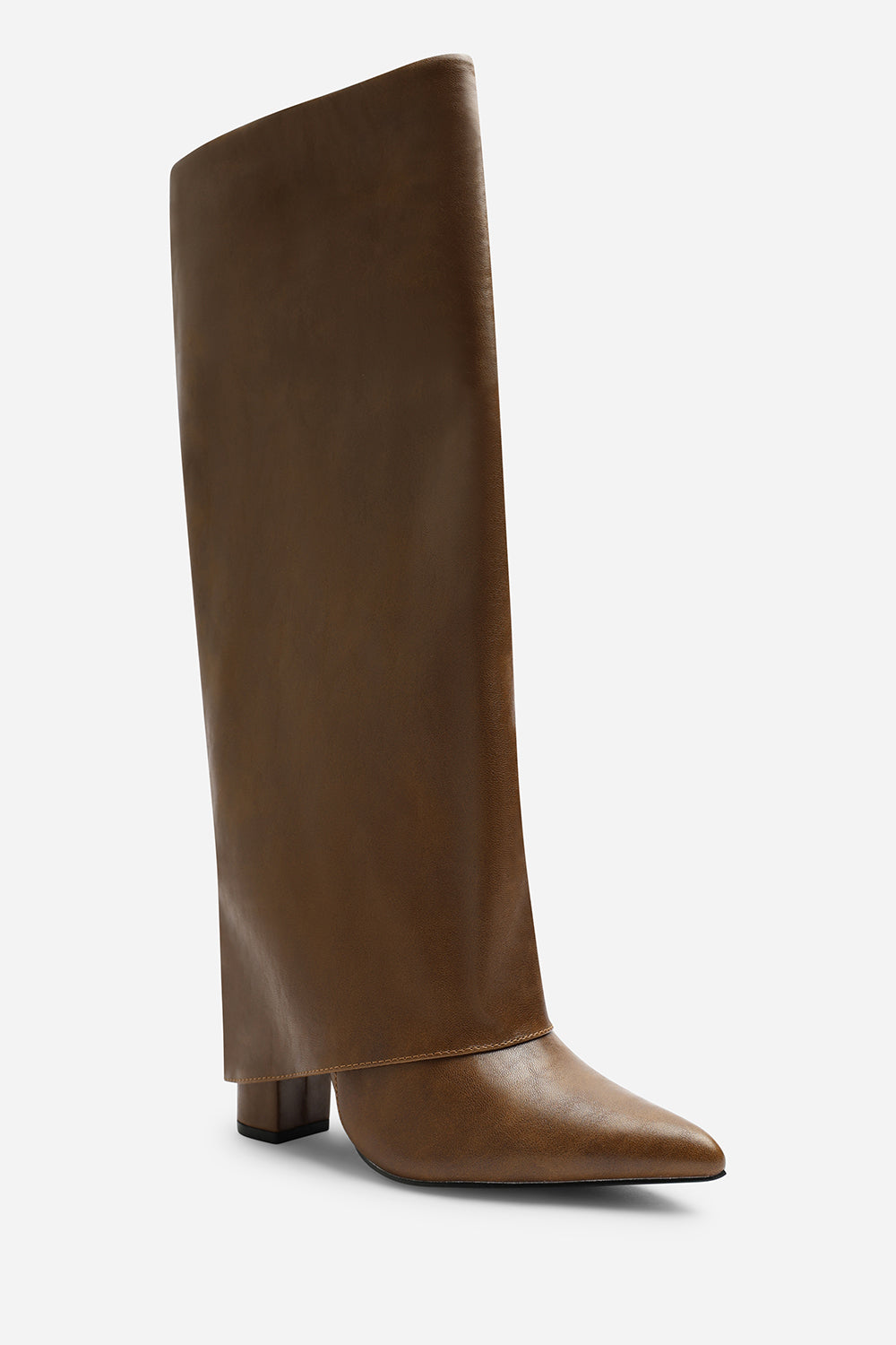 Makenzie Fold Down Knee High Heeled Shark Boots in Tan