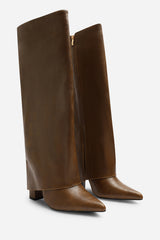 Makenzie Fold Down Knee High Heeled Shark Boots in Tan