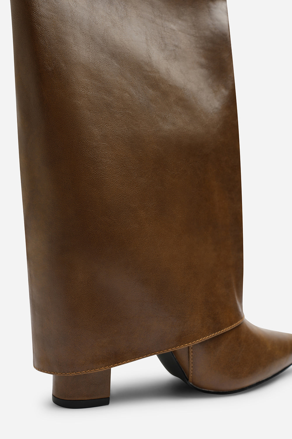 Makenzie Fold Down Knee High Heeled Shark Boots in Tan
