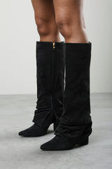 Galilea Ruched Fold Down Knee High Heeled Shark Boots in Black Suede