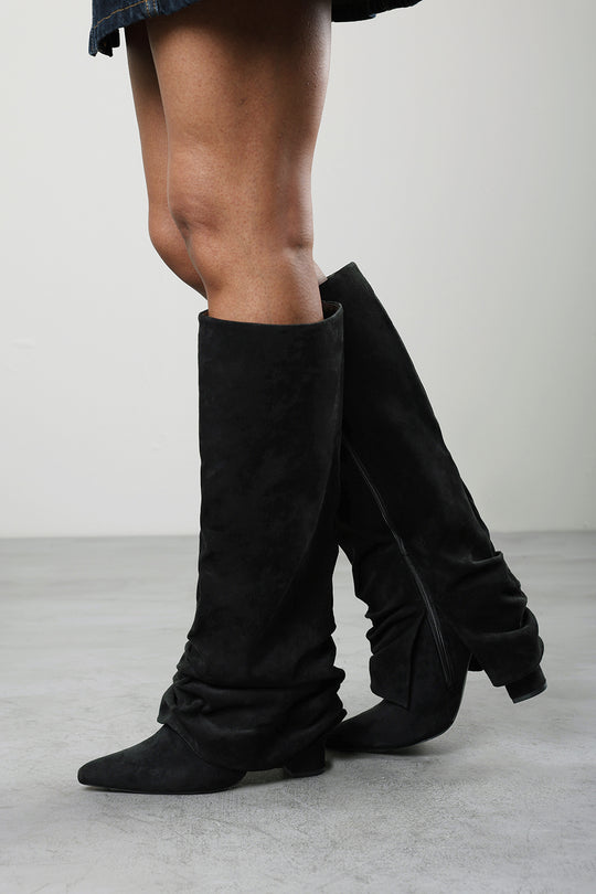 Galilea Ruched Fold Down Knee High Heeled Shark Boots in Black Suede