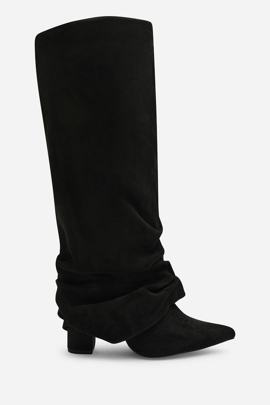 Galilea Ruched Fold Down Knee High Heeled Shark Boots in Black Suede
