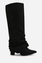 Galilea Ruched Fold Down Knee High Heeled Shark Boots in Black Suede