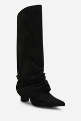 Galilea Ruched Fold Down Knee High Heeled Shark Boots in Black Suede