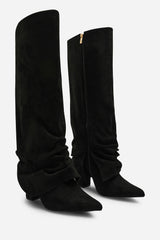 Galilea Ruched Fold Down Knee High Heeled Shark Boots in Black Suede