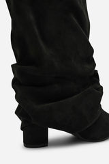 Galilea Ruched Fold Down Knee High Heeled Shark Boots in Black Suede