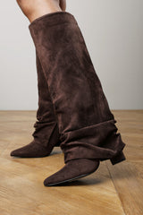 Galilea Ruched Fold Down Knee High Heeled Shark Boots in Dark Brown Suede