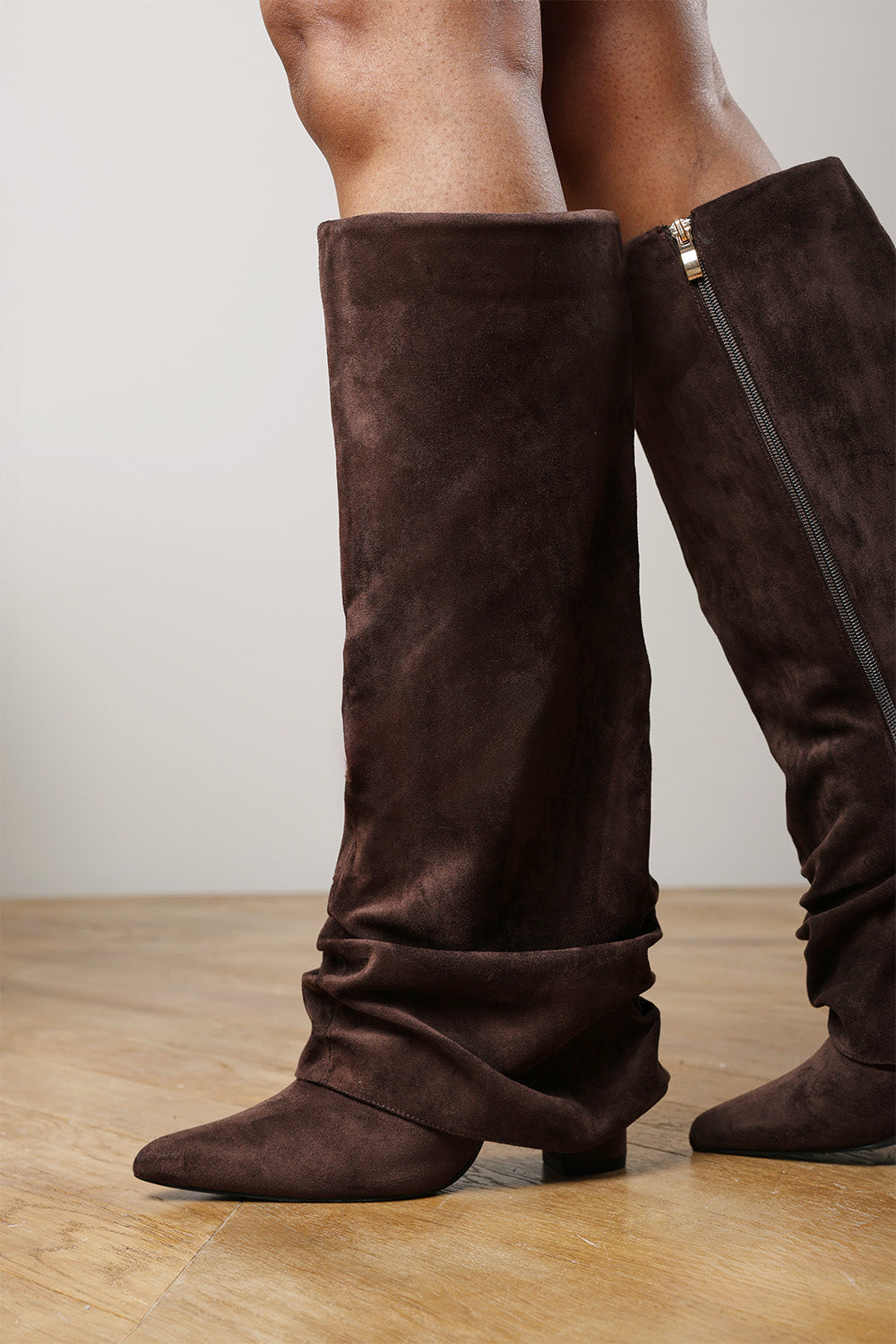 Galilea Ruched Fold Down Knee High Heeled Shark Boots in Dark Brown Suede