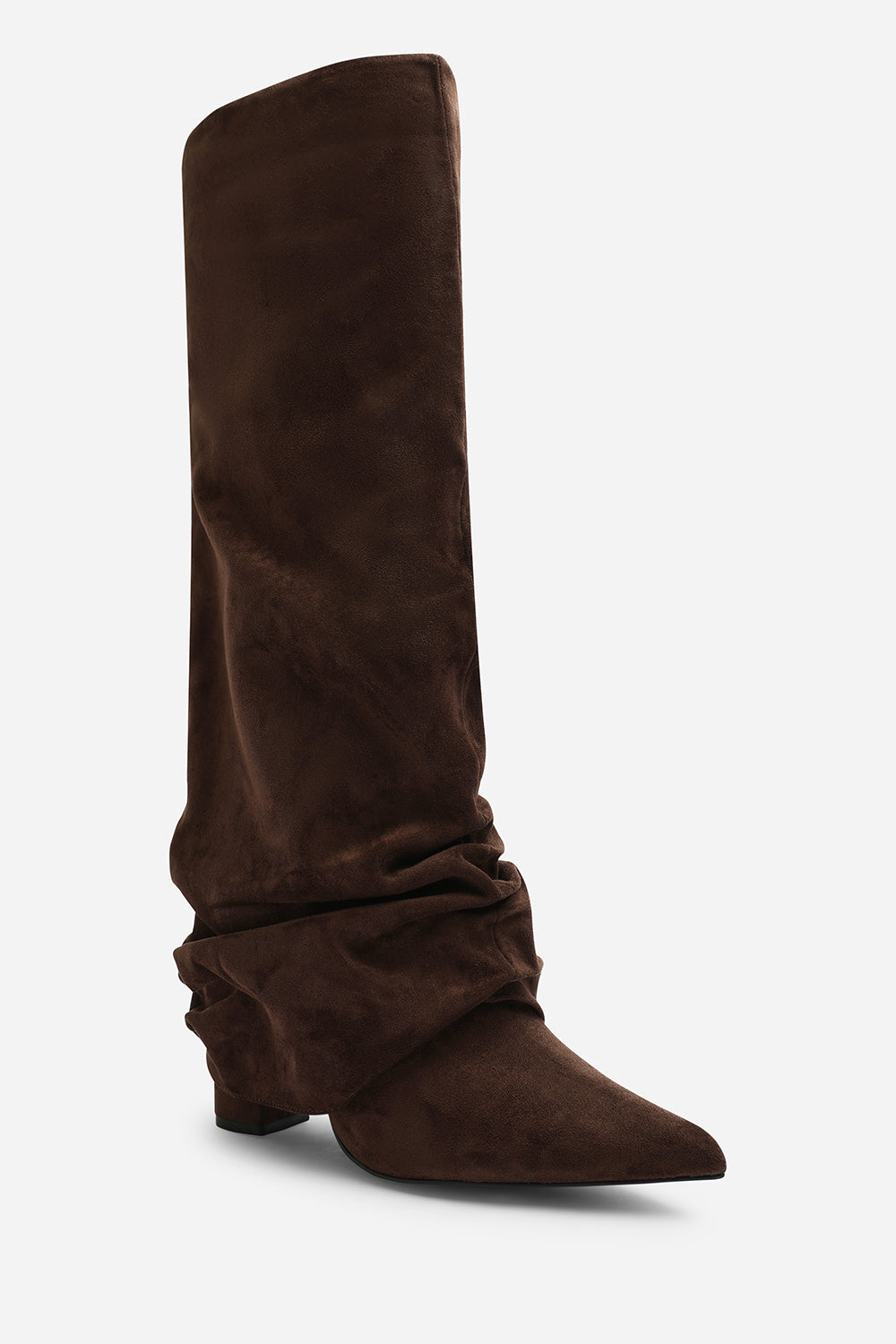 Galilea Ruched Fold Down Knee High Heeled Shark Boots in Dark Brown Suede