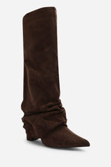 Galilea Ruched Fold Down Knee High Heeled Shark Boots in Dark Brown Suede