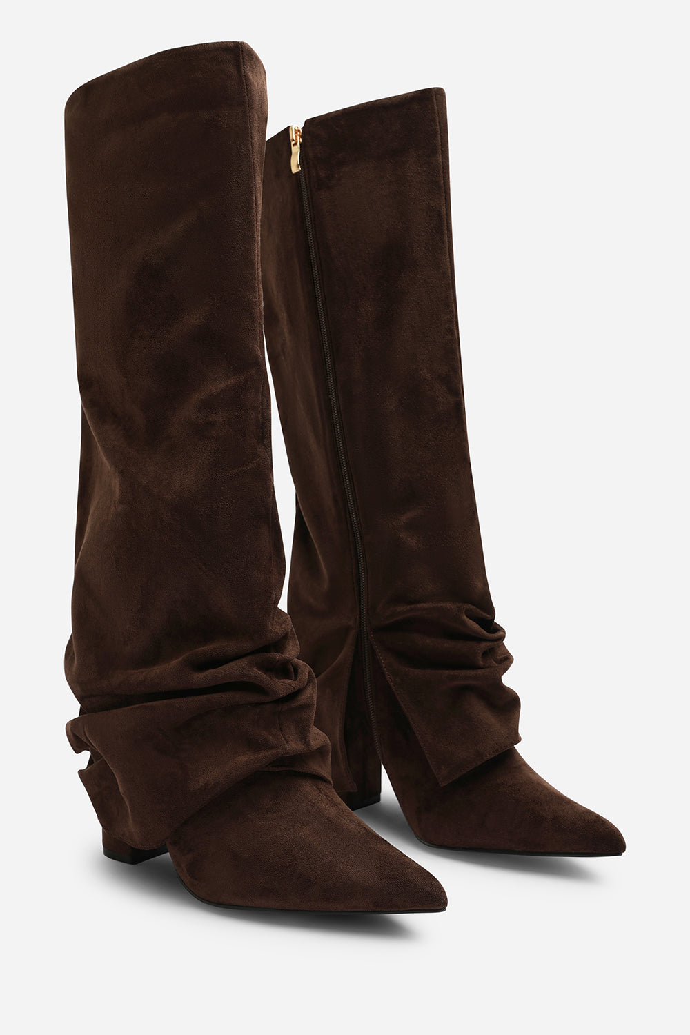 Galilea Ruched Fold Down Knee High Heeled Shark Boots in Dark Brown Suede