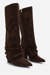 Galilea Ruched Fold Down Knee High Heeled Shark Boots in Dark Brown Suede