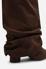 Galilea Ruched Fold Down Knee High Heeled Shark Boots in Dark Brown Suede