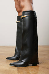 Irelis Black Fold-Over Knee High Heeled Boots with Gold Trim
