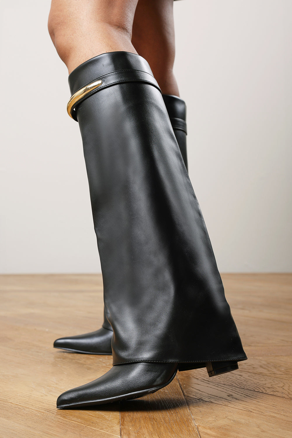 Irelis Black Fold-Over Knee High Heeled Boots with Gold Trim